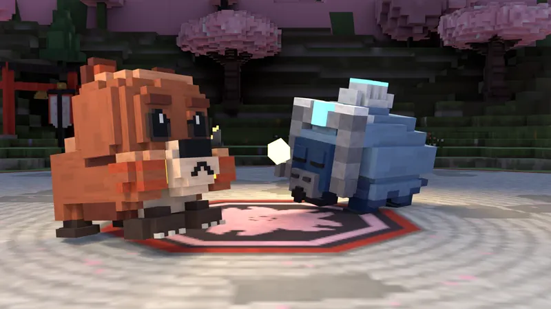 A fire bear creature lands a hit on a stone creature in a cherry-blossom arena.