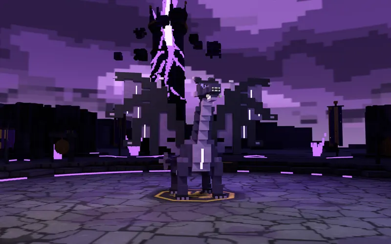 Vyrmorax spreads its wings under a purple storm in Wyrmcrown Keep.