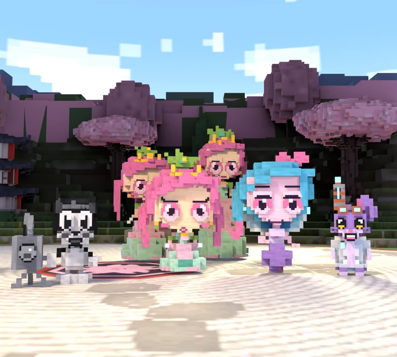 Tiaradish, Brollessa, Orchidess, Pixboo, Labbit and Mewvie line up in a cherry-blossom battle ring.