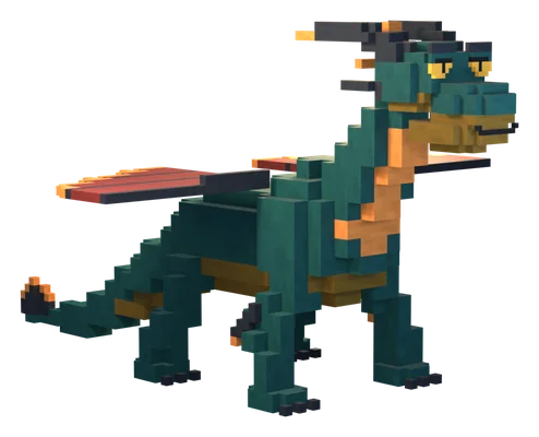 Galsail, a dark green voxel dragon with copper sail wings.