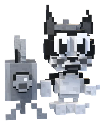 Mewvie, a black-and-white tuxedo cat with an old movie camera on a tripod.