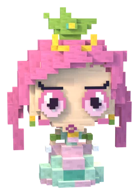 Tiaradish, a little voxel heiress with pink hair and a sprout crown.