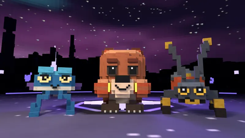 Three creatures stand ready under a starry purple sky.