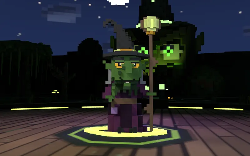 Hexbrume the witch in her spooky hut.